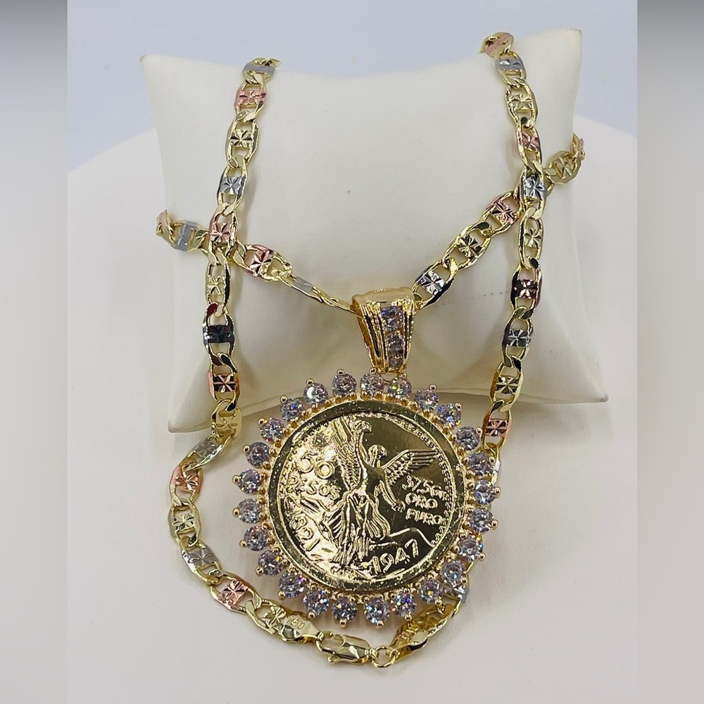Gold Plated Big CZ 50 Pesos Mexican Coin CENTENARIO Pendant And Chain